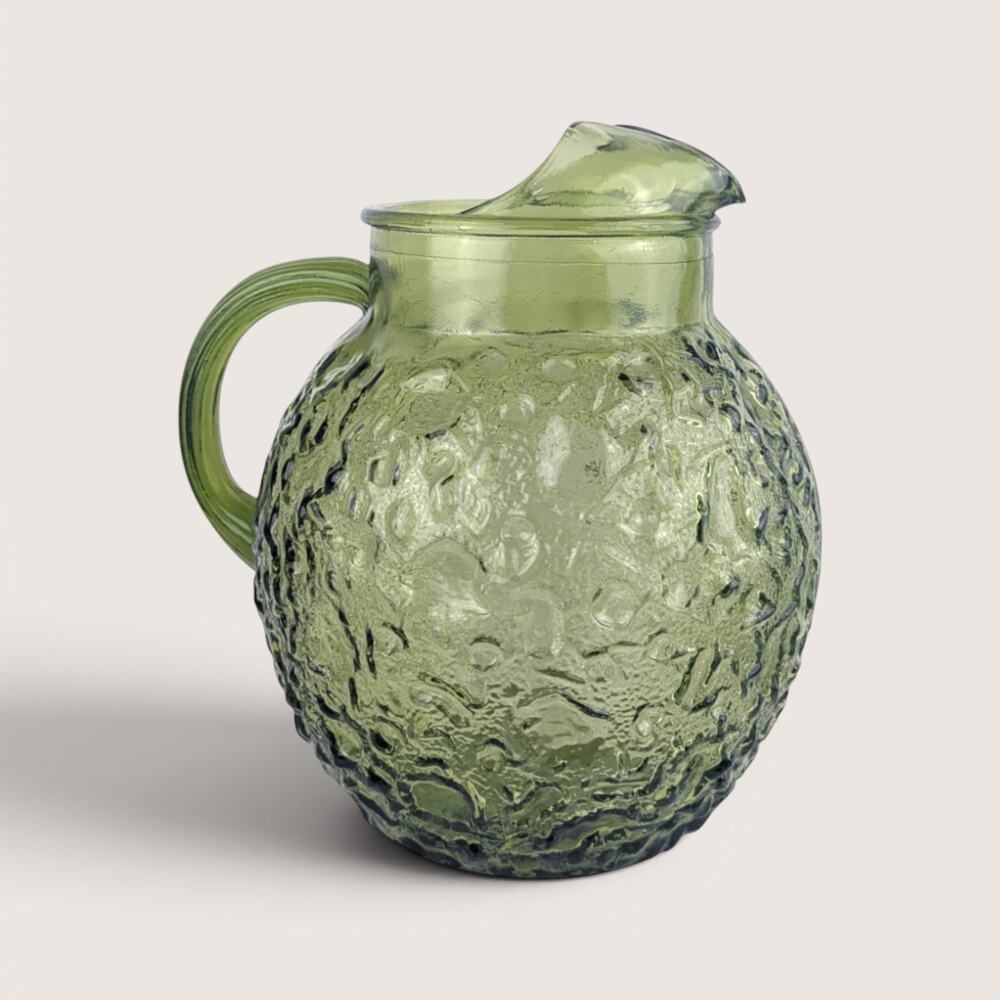 1970s Anchor Hocking Lido Milano Green Glass Ball Pitcher